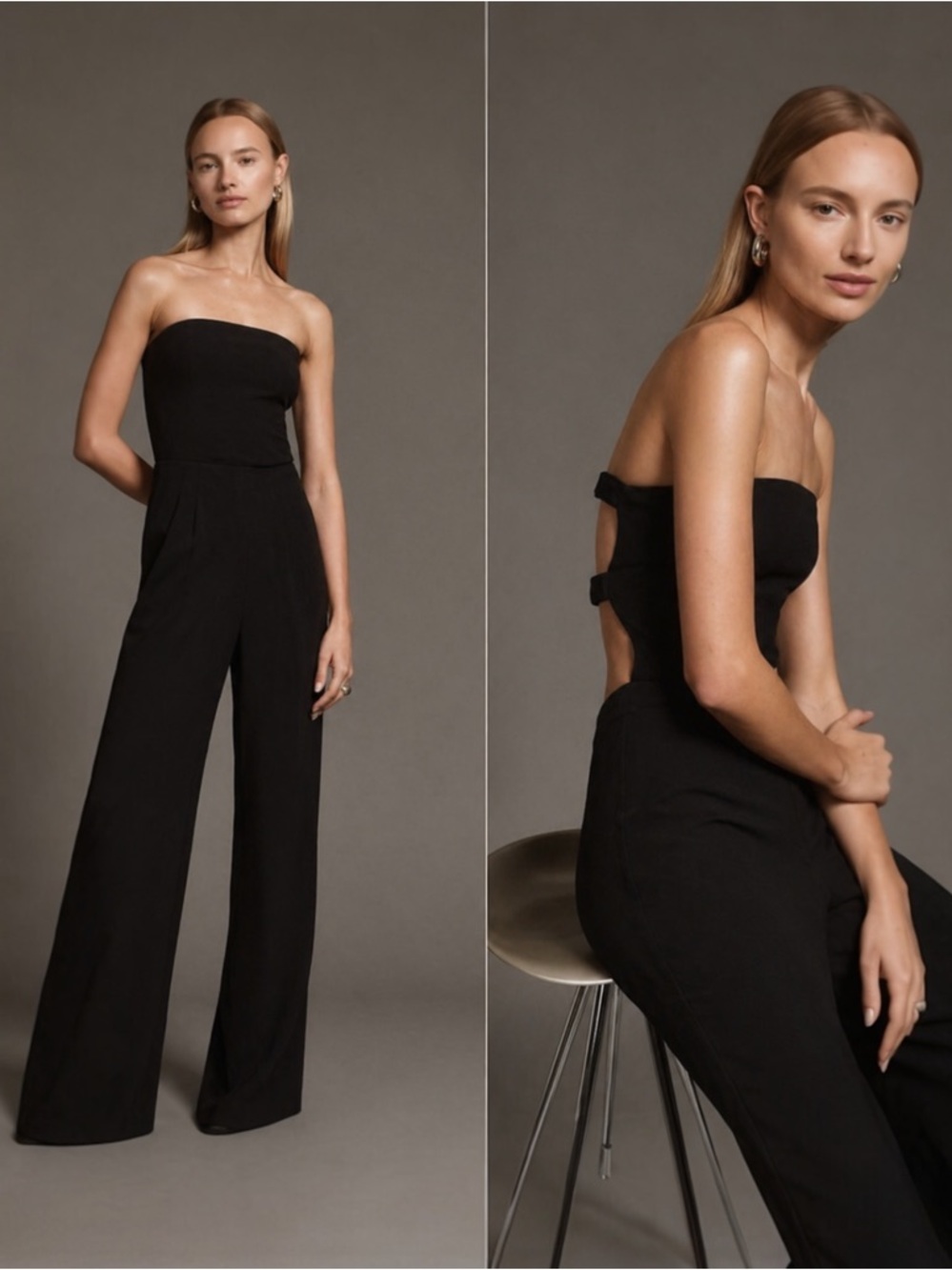 REFORMATION 70s Strapless Crepe Open Back Ruched Straps Wide Leg Jumpsuit